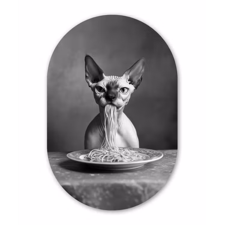 Muurovaal - Glas - Sphynx - Kat - Dieren - Humor - Spaghetti - Zwart Wit — 1