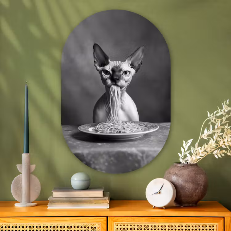 Muurovaal - Glas - Sphynx - Kat - Dieren - Humor - Spaghetti - Zwart Wit — 2