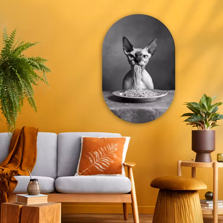 Muurovaal - Glas - Sphynx - Kat - Dieren - Humor - Spaghetti - Zwart Wit — 3