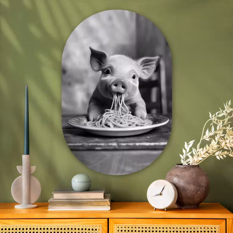 Muurovaal - Glas - Varken - Schattig - Spaghetti - Zwart wit - Dier — 2