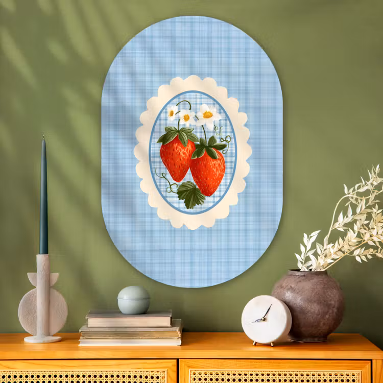 Muurovaal - Glas - Aardbeien - Lijst - Rood - Geruit — 2