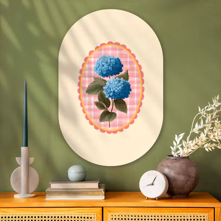 Muurovaal - Glas - Bloemen - Blauw - Lijst - Bladeren — 2