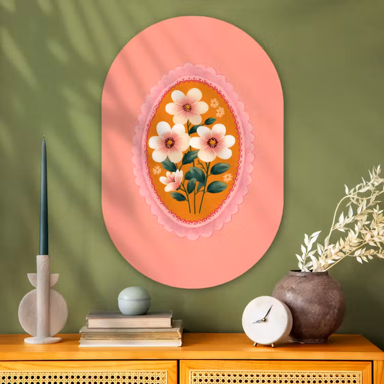 Muurovaal - Glas - Illustratie - Bloemen - Rand - Roze — 2