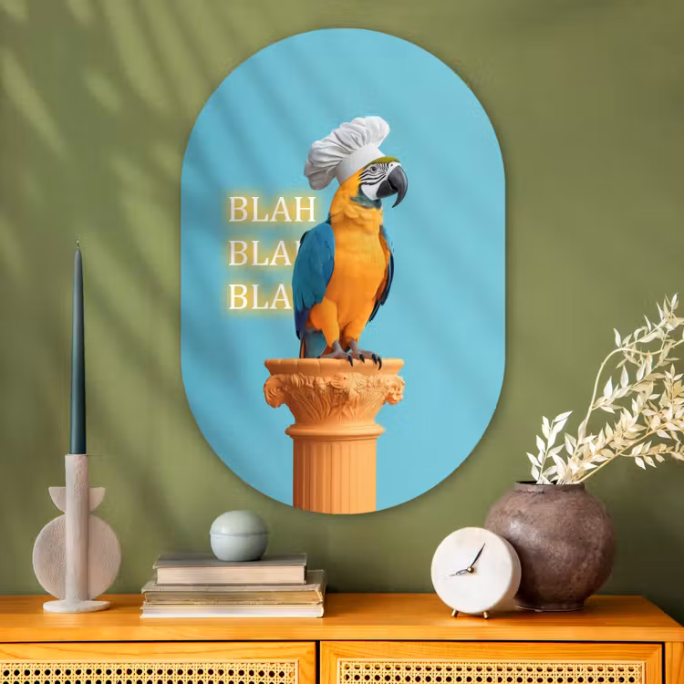 Muurovaal - Glas - Papegaai - Koksmuts - Quote - Neon — 2
