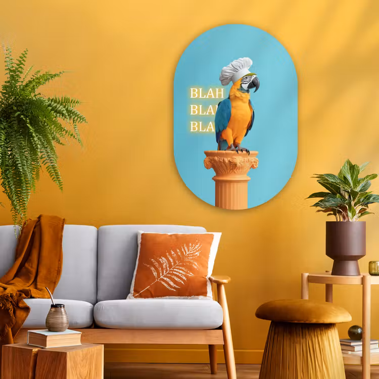 Muurovaal - Glas - Papegaai - Koksmuts - Quote - Neon — 3