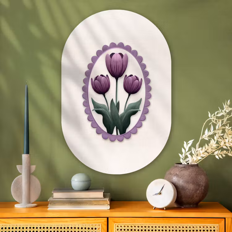 Muurovaal - Glas - Tulpen - Paars - Lijst - Bladeren — 2