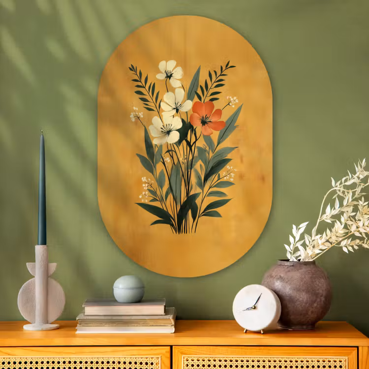Muurovaal - Glas - Bladeren - Boeket - Bloemen - Geel — 2