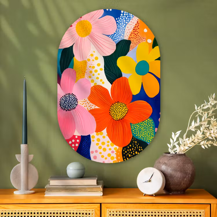 Muurovaal - Glas - Bloemen - Kleurrijk - Stippen — 2