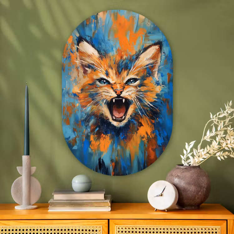 Muurovaal - Glas - Kat - Kleurrijk - Oranje - Blauw — 2
