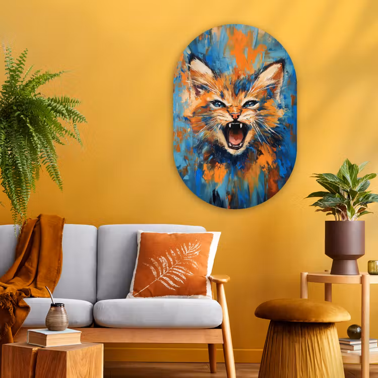 Muurovaal - Glas - Kat - Kleurrijk - Oranje - Blauw — 3