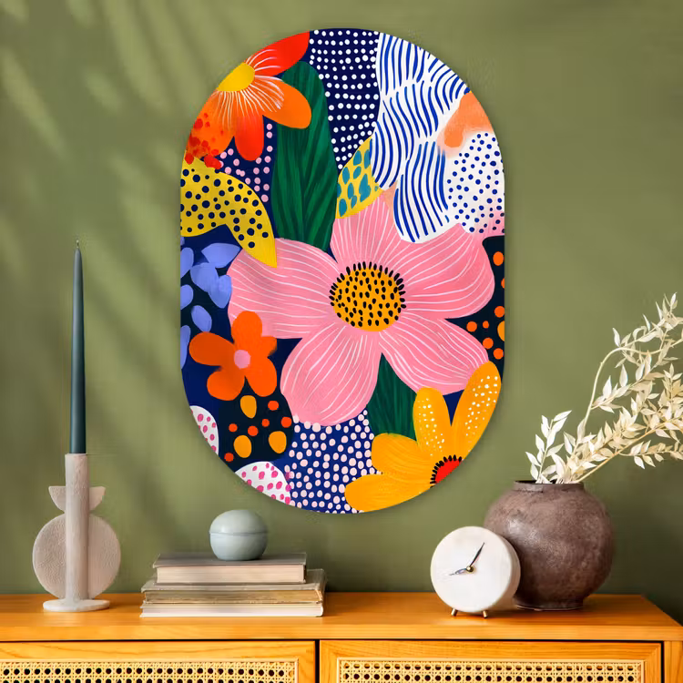 Muurovaal - Glas - Kleurrijk - Bloemen - Abstract - Stippen — 2