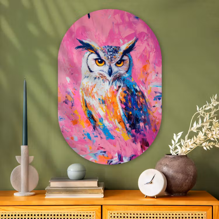 Muurovaal - Glas - Uil - Roze - Blauw - Verf - Abstract — 2