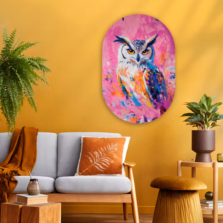 Muurovaal - Glas - Uil - Roze - Blauw - Verf - Abstract — 3