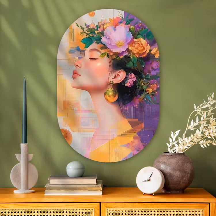 Muurovaal - Glas - Abstract - Vrouw - Bloemenkroon - Goud — 2