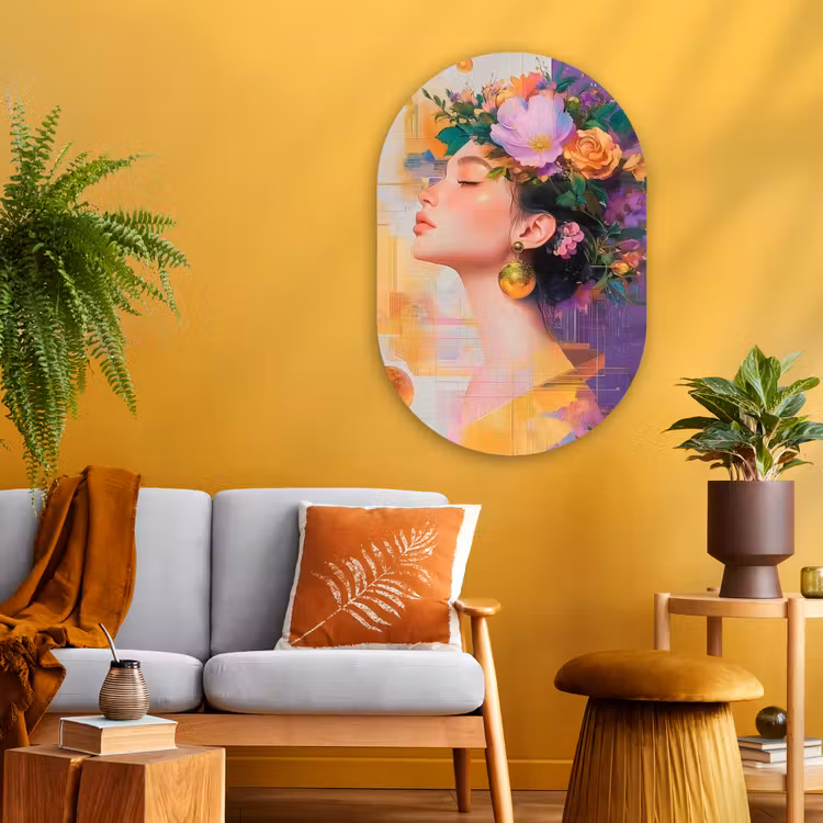 Muurovaal - Glas - Abstract - Vrouw - Bloemenkroon - Goud — 3