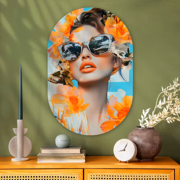 Muurovaal - Glas - Bloemen - Vrouw - Zonnebril - Blauw — 2