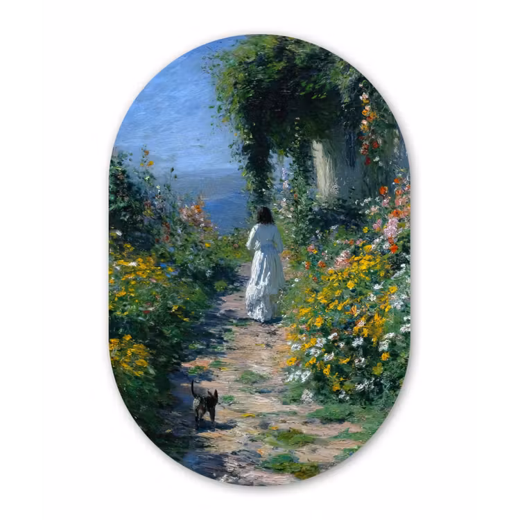 Muurovaal - Glas - Kat - Vrouw - Bloemen - Huis — 1