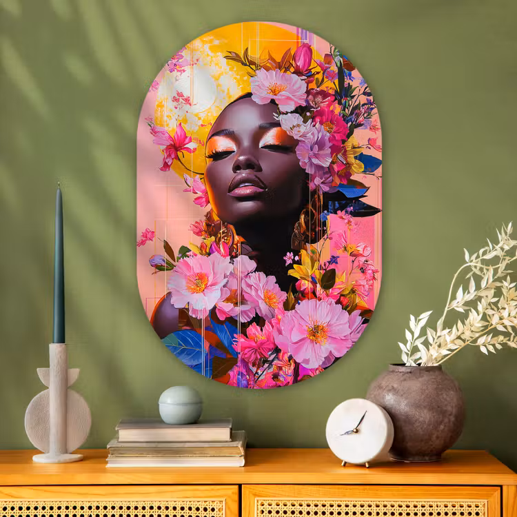 Muurovaal - Glas - Kleurrijk - Bloemen - Vrouw - Zon — 2