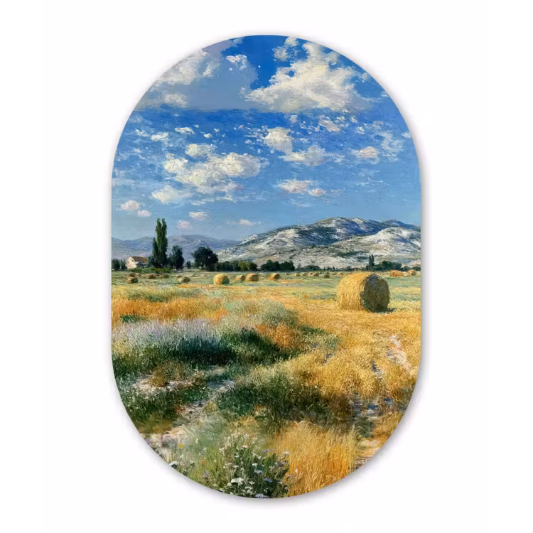 Muurovaal - Glas - Landschap - Strobalen - Bergen - Wolken — 1