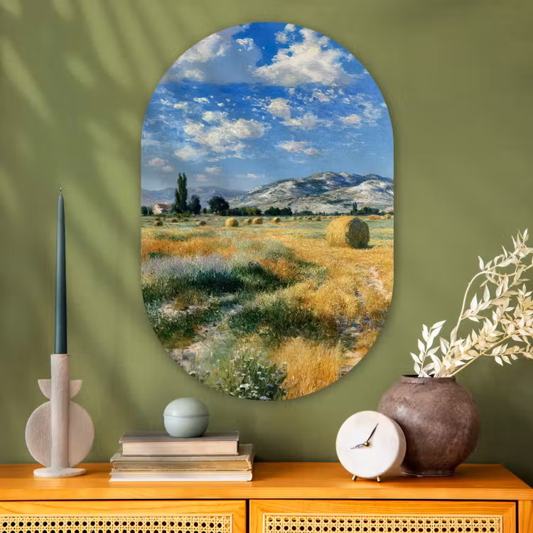 Muurovaal - Glas - Landschap - Strobalen - Bergen - Wolken — 2