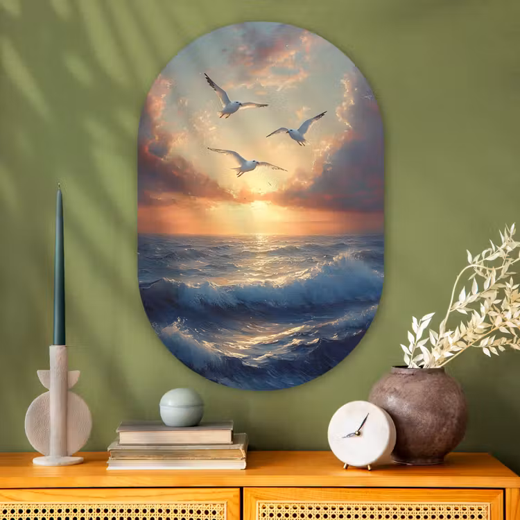 Muurovaal - Glas - Meeuwen - Zonsondergang - Zee - Wolken — 2