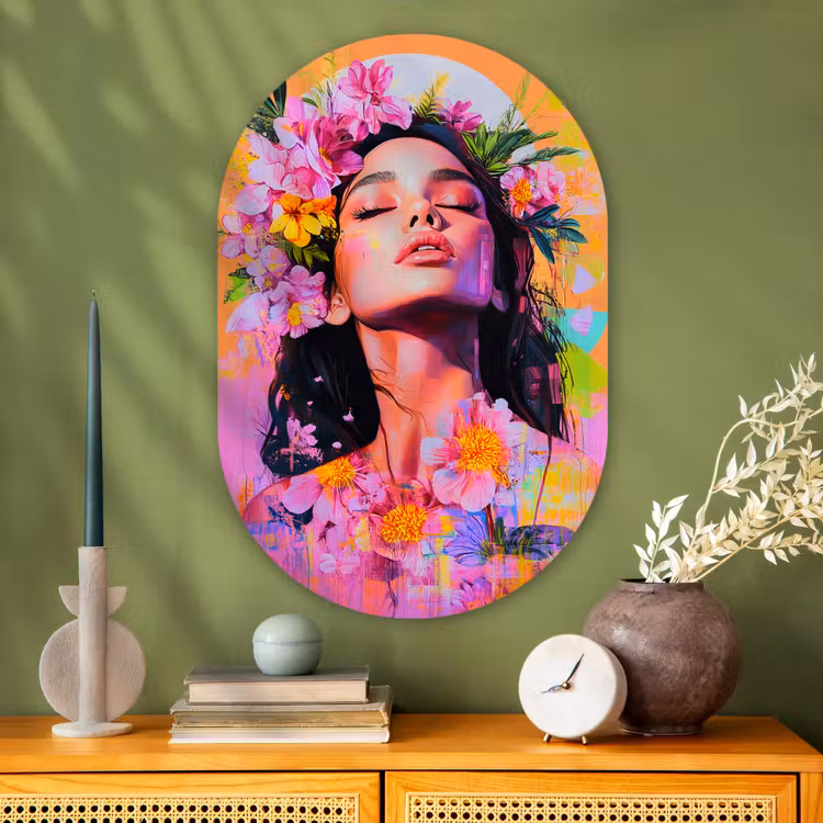 Muurovaal - Glas - Portret - Bloemenkroon - Vrouw — 2