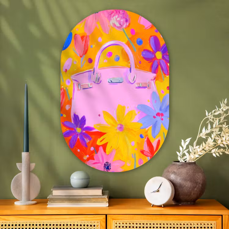 Muurovaal - Glas - Tas - Roze - Bloemen — 2