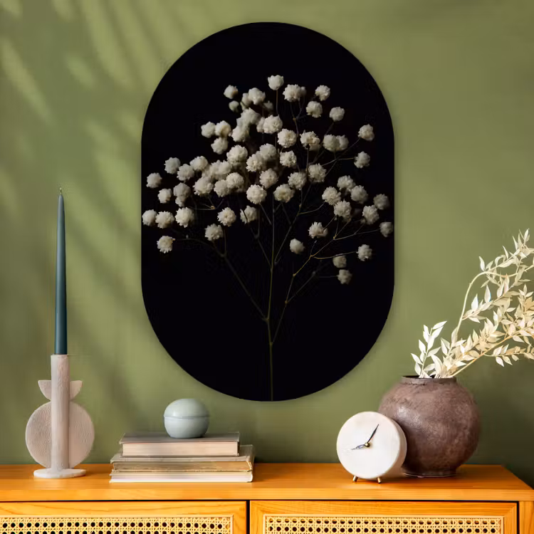 Muurovaal - Glas - Gipskruid - Bloemetjes - Wit - Minimalistisch — 2