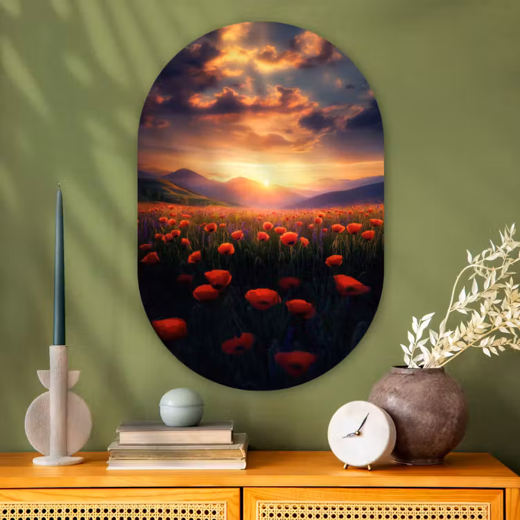 Muurovaal - Glas - Landschap - Zonsondergang - Bloemenveld — 2