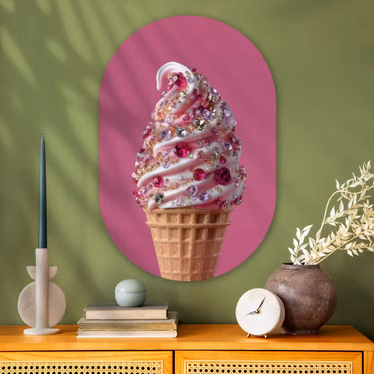 Muurovaal - Glas - Softijs - Edelstenen - Roze - Hoorntje — 2