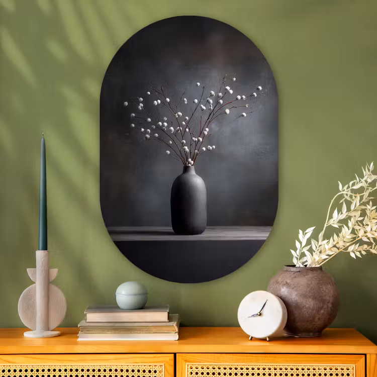 Muurovaal - Glas - Takken - Vaas - Bolletjes - Wit — 2