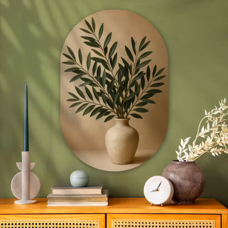 Muurovaal - Glas - Vaas - Olijftakken - Bladeren - Beige — 2
