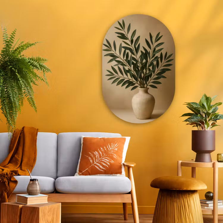 Muurovaal - Glas - Vaas - Olijftakken - Bladeren - Beige — 3