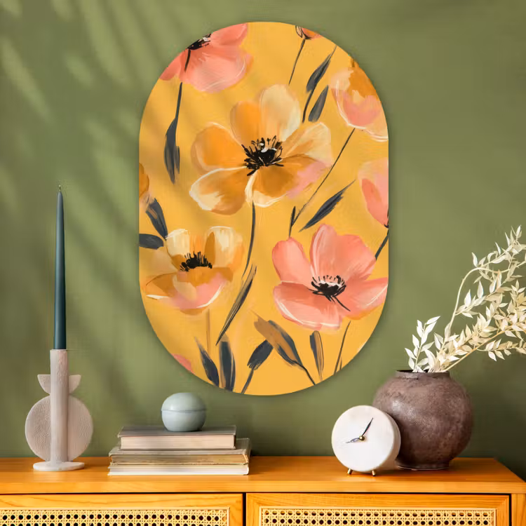 Muurovaal - Glas - Bloemen - Geschilderd - Geel — 2