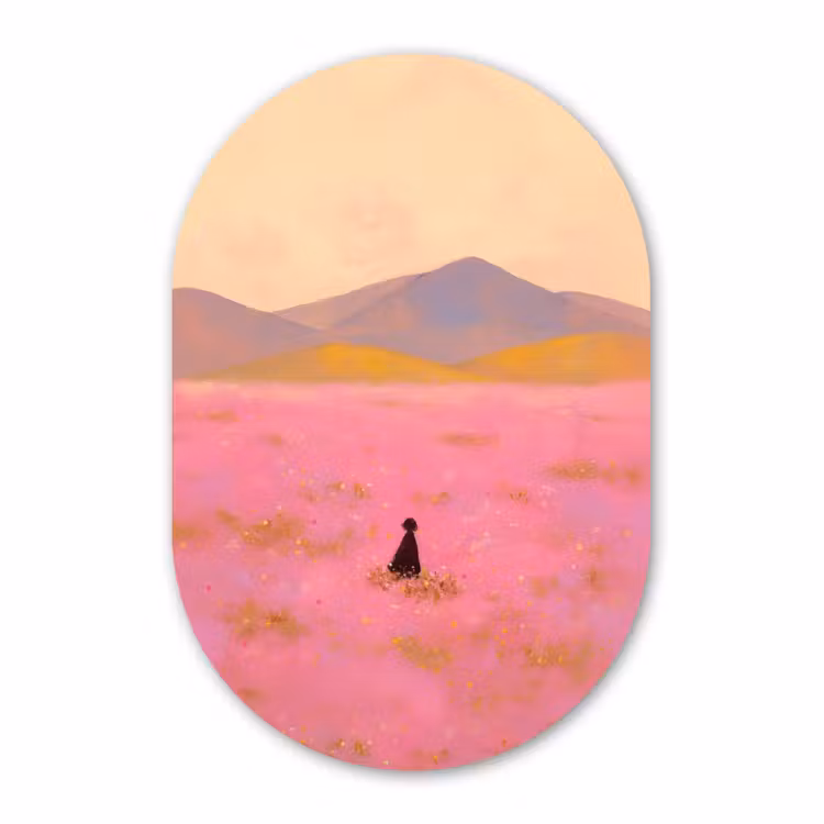 Muurovaal - Glas - Bloemenweide - Heuvels - Silhouet - Roze — 1