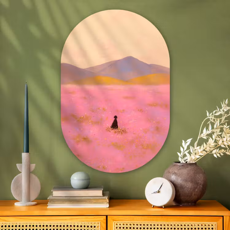 Muurovaal - Glas - Bloemenweide - Heuvels - Silhouet - Roze — 2