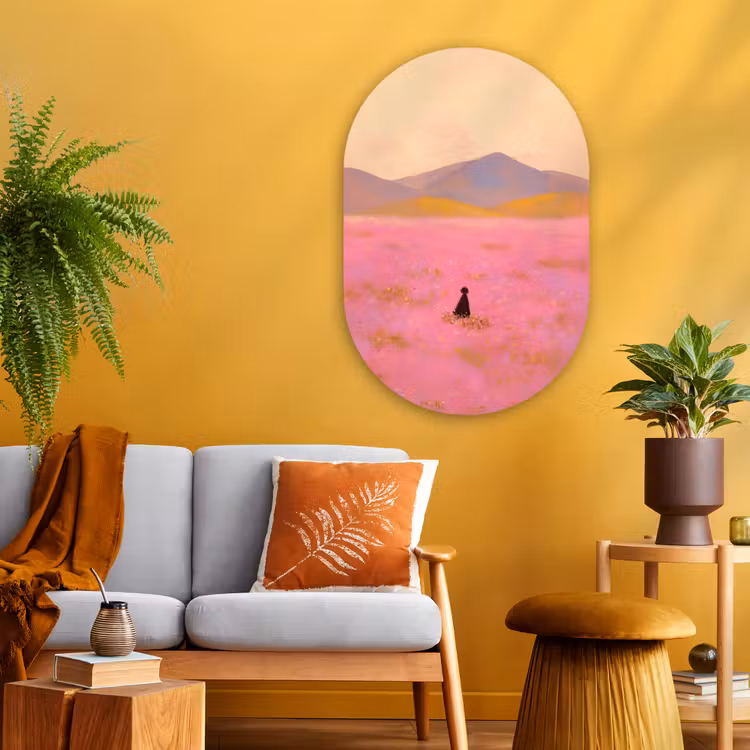 Muurovaal - Glas - Bloemenweide - Heuvels - Silhouet - Roze — 3