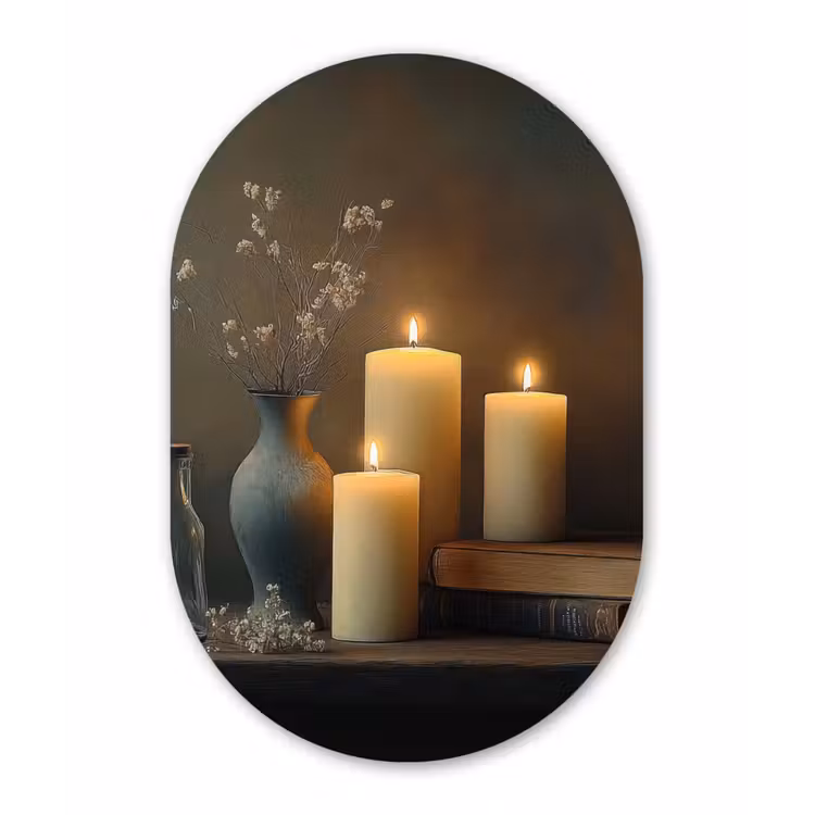 Muurovaal - Glas - Kaarsen - Stilleven - Rustiek - Boeken — 1