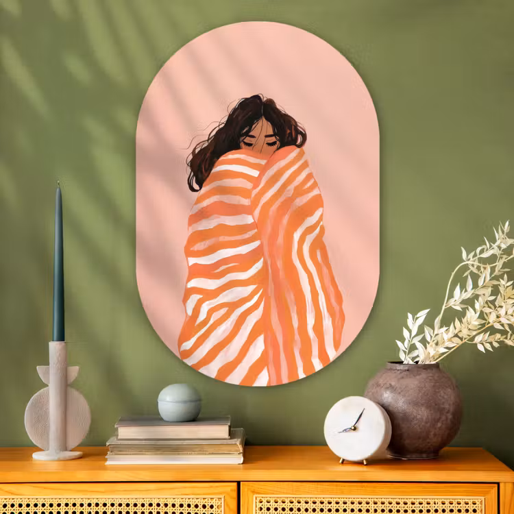 Muurovaal - Glas - Meisje - Deken - Gestreept - Oranje — 2