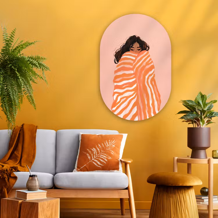Muurovaal - Glas - Meisje - Deken - Gestreept - Oranje — 3