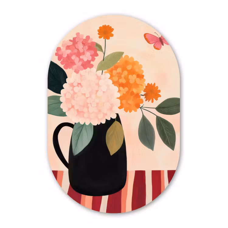 Muurovaal - Glas - Vaas - Bloemen - Vlinder - Rood — 1