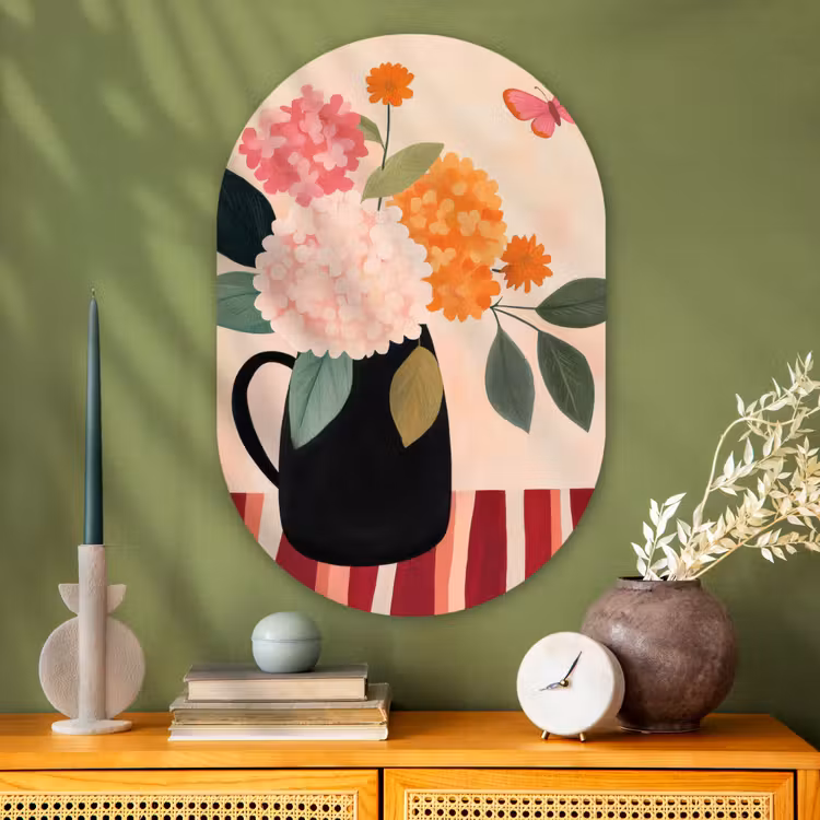 Muurovaal - Glas - Vaas - Bloemen - Vlinder - Rood — 2