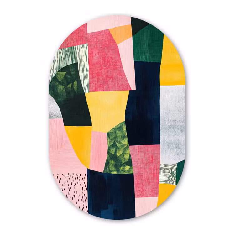 Muurovaal - Glas - Abstract - Roze - Lappen - Vormen - Geel — 1