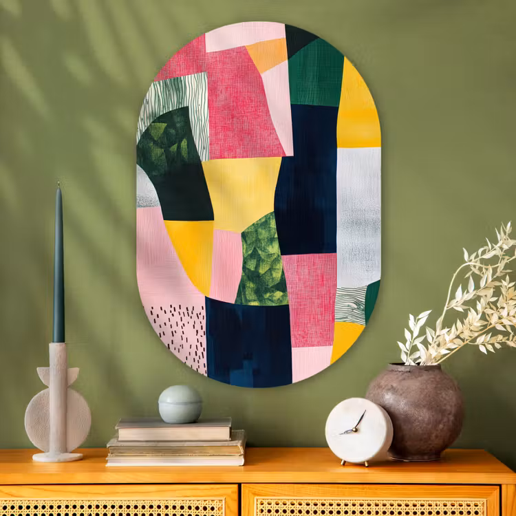 Muurovaal - Glas - Abstract - Roze - Lappen - Vormen - Geel — 2