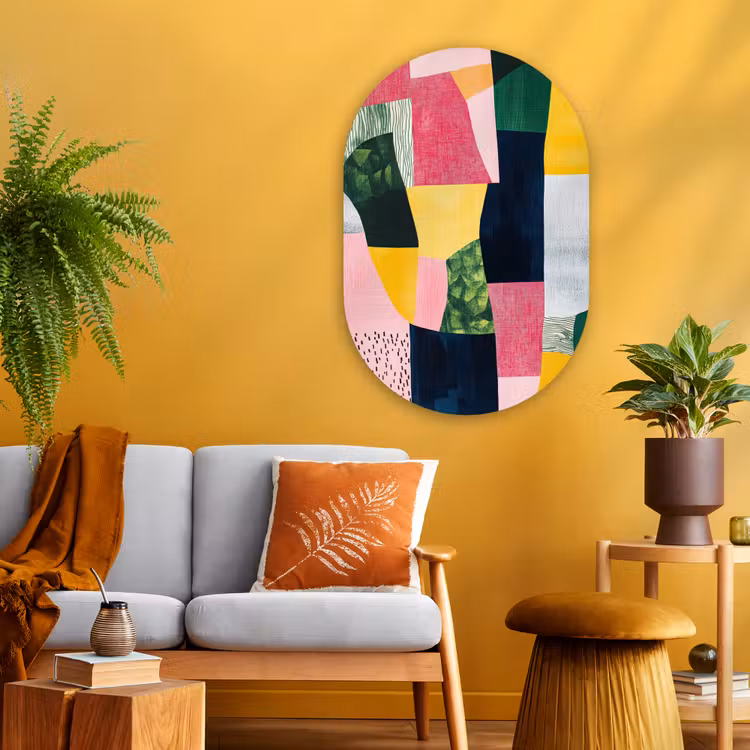 Muurovaal - Glas - Abstract - Roze - Lappen - Vormen - Geel — 3