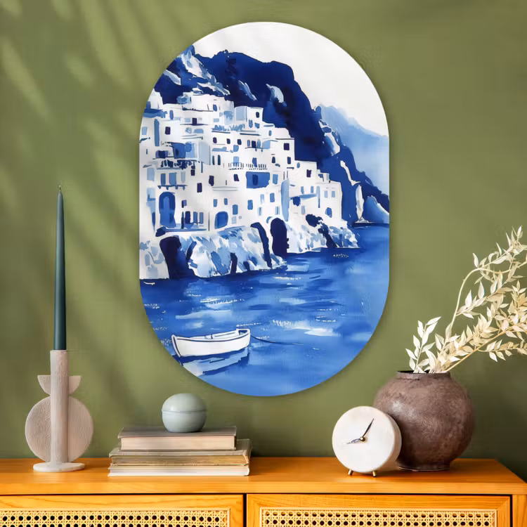 Muurovaal - Glas - Dorp - Rotswand - Roeiboot - Water — 2