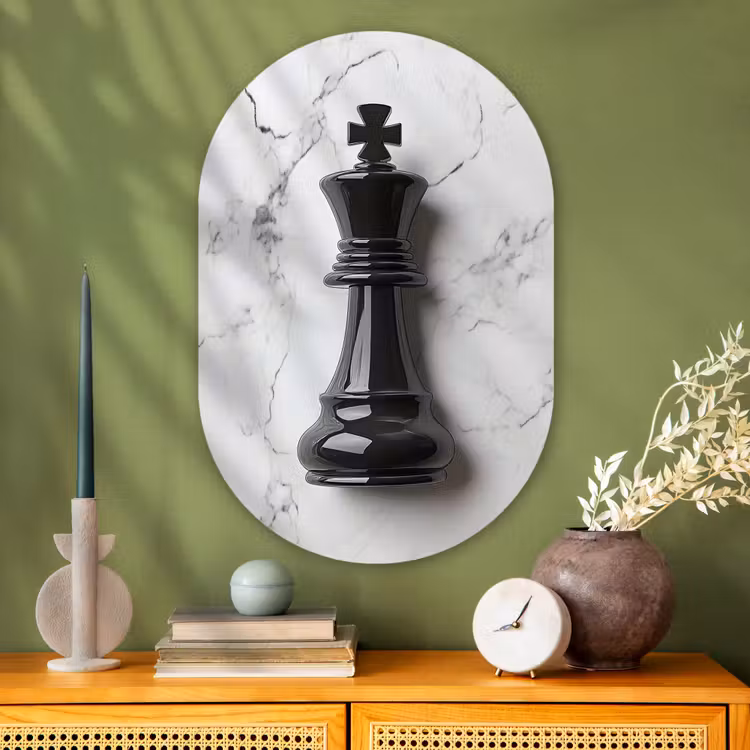 Muurovaal - Glas - Schaakstuk - Koning - Zwart - Marmer — 2