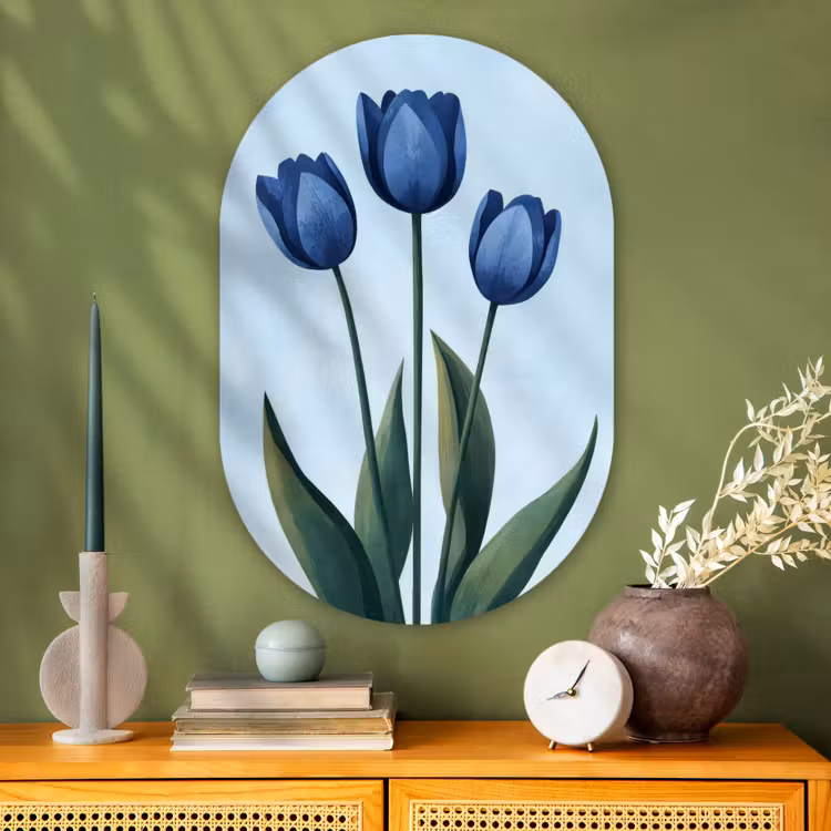 Muurovaal - Glas - Tulpen - Blauw - Bladeren — 2
