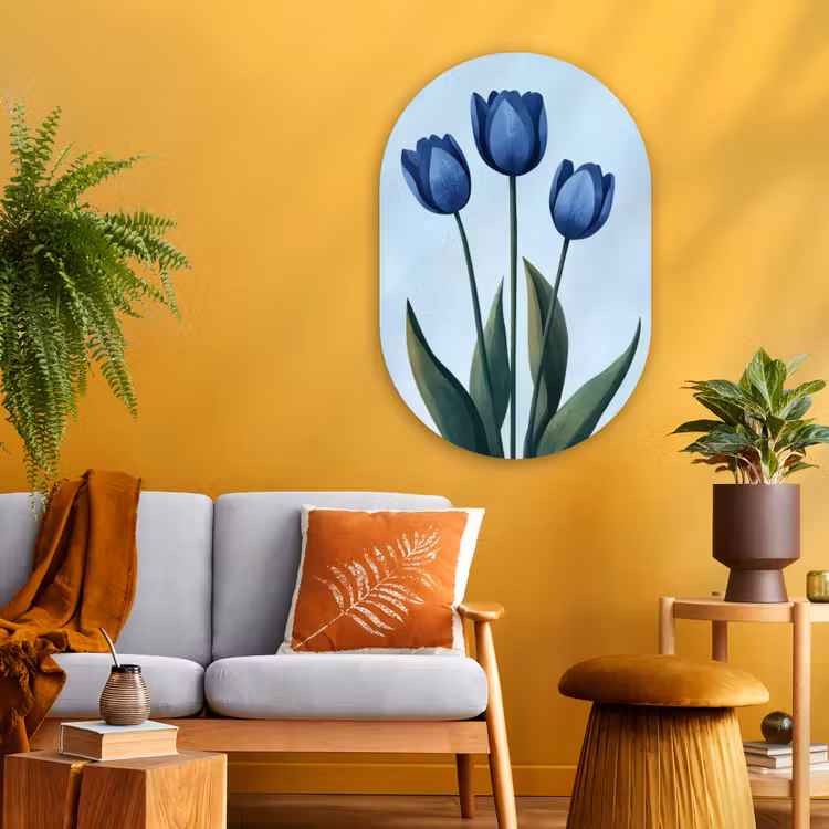 Muurovaal - Glas - Tulpen - Blauw - Bladeren — 3