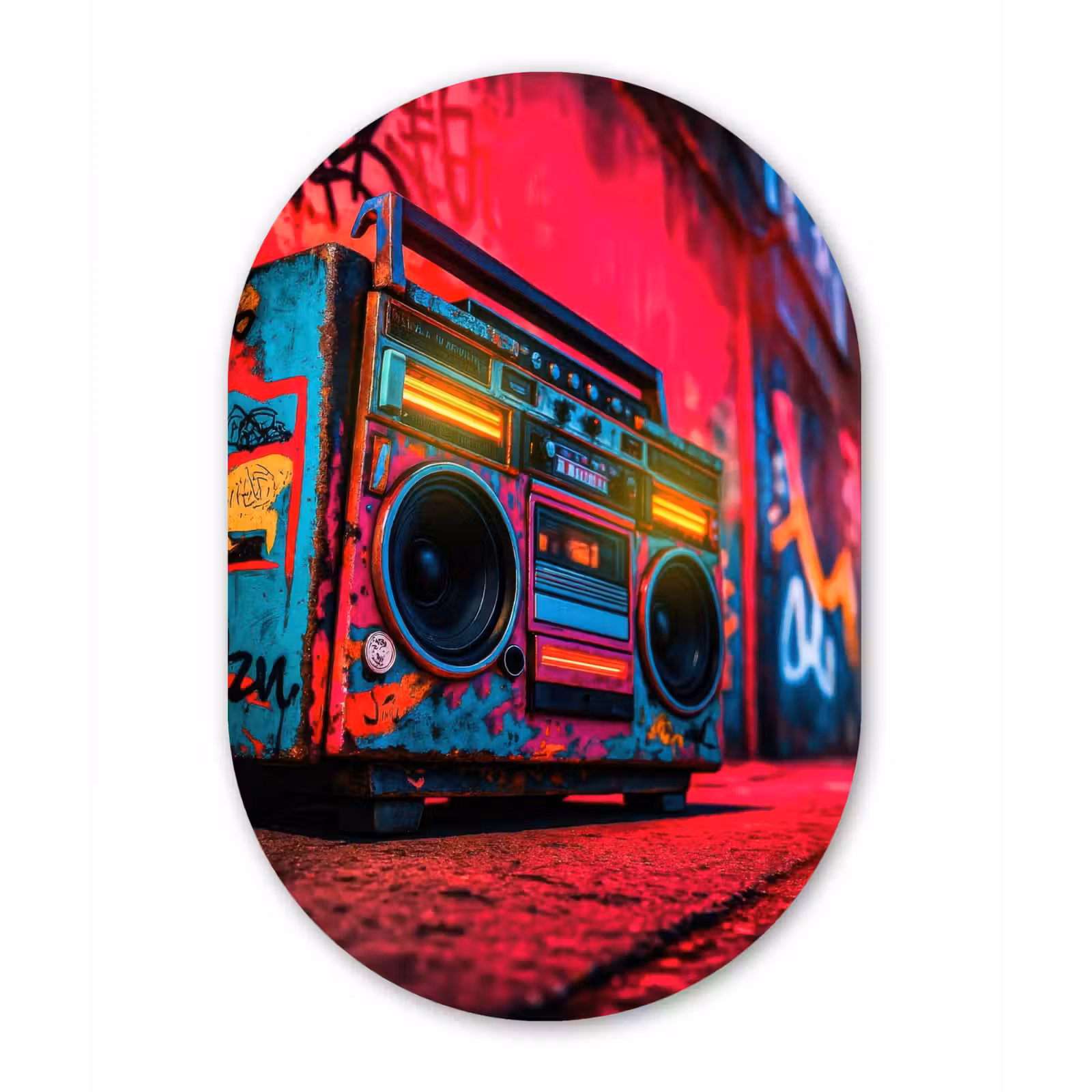 Muurovaal - Glas - Boombox - Rood - Graffiti - Neon — 1